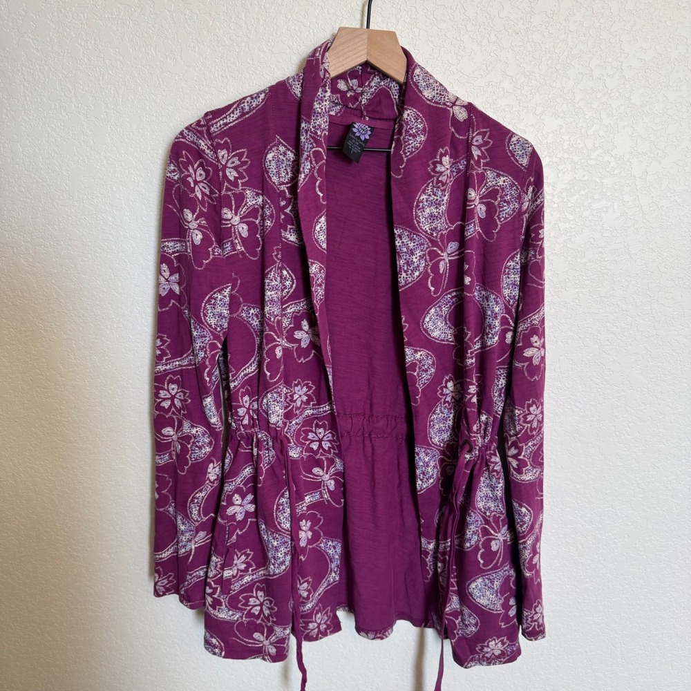 Boho Floral Lucky Brand Tie Front Cardigan Sweatshirt S Purple